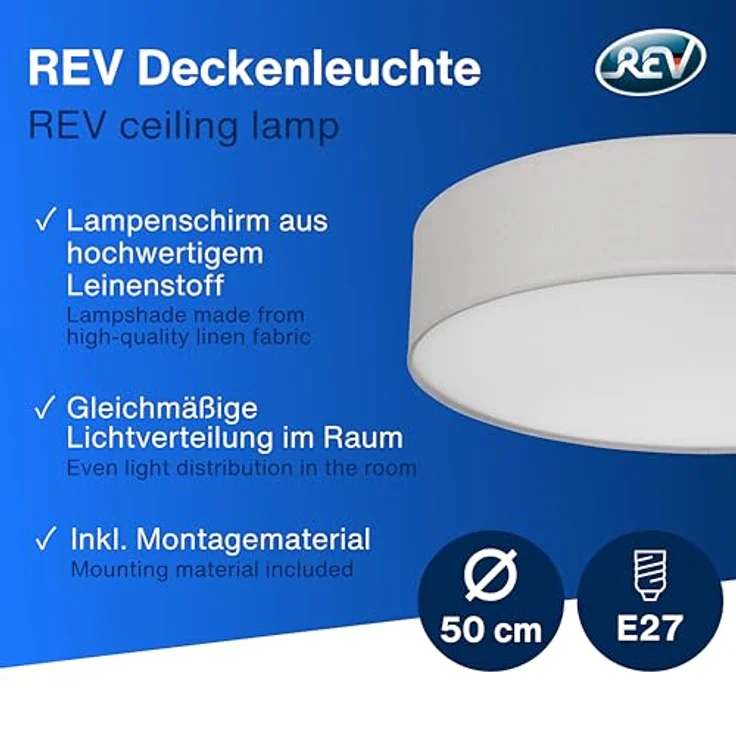 REV Deckenleuchte - Deckenlampe rund 50cm mit Stoff-Lampenschirm im Vintage-Look - grau – Bild 2
