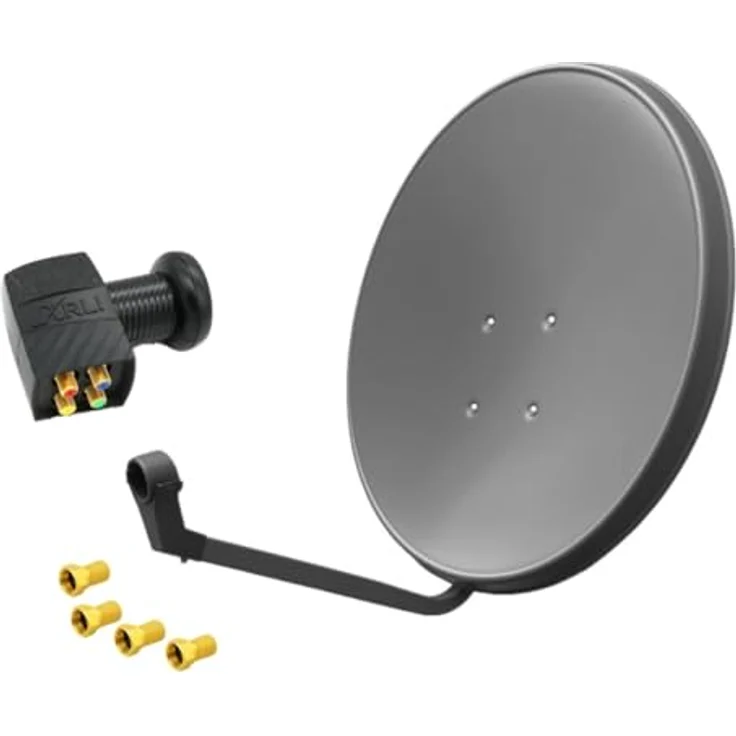 ARLI 60 cm HD Satellitenanlagenset, grau, mit Quad LNB und 4 vergoldeten F-Steckern für 4 Receiver – Bild 1