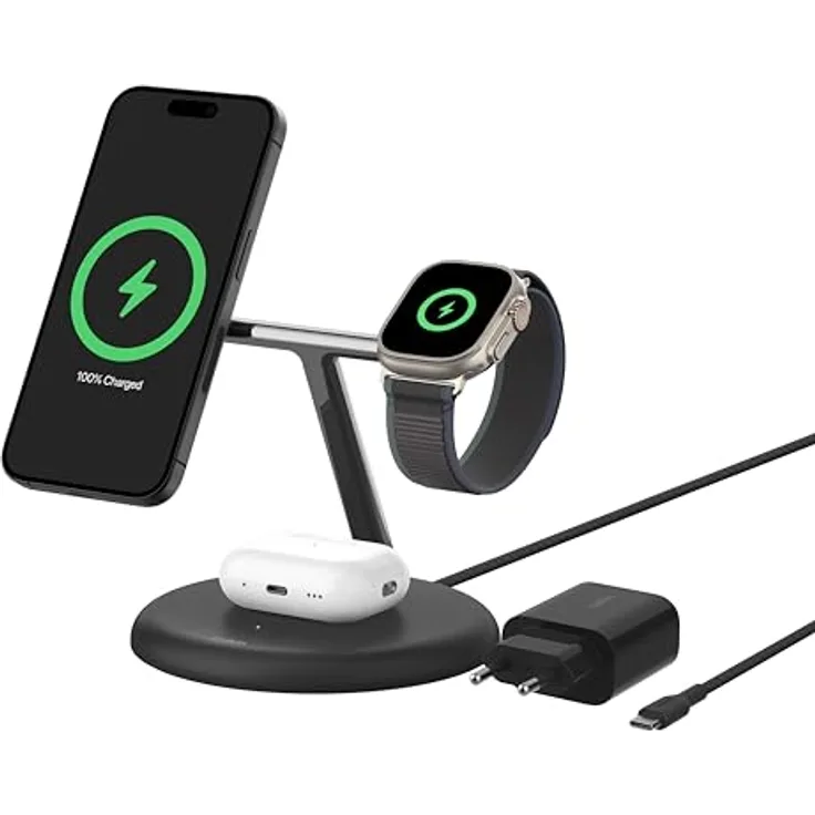 Belkin Kabellose 3-in-1-Ladestation mit MagSafe-kompatiblem Qi2, 15 W, Wireless Charger, Schwarz
