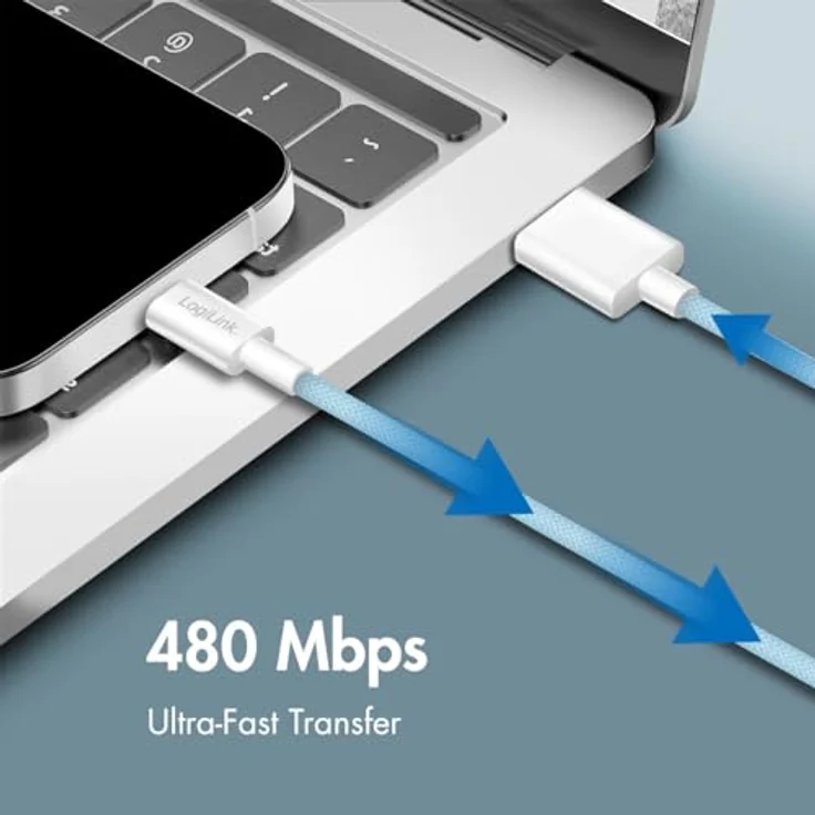 Logilink USB 2.0 Typ-C Anschlusskabel, A zu C, 60W, Nylon-Ummantelung, Blau, 0,5 m – Bild 4
