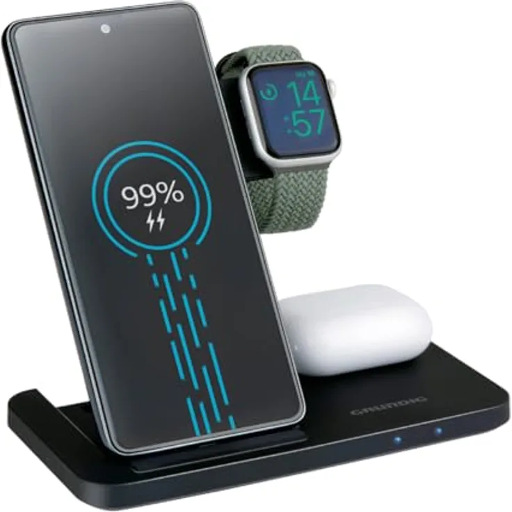 Grundig 3-in-1 Kabellose Ladestation für Apple Watch und iPhone – Faltbares Qi Ladegerät für Smartphone, Smartwatch und Kopfhörer mit Schutzfunktion und LED-Anzeige