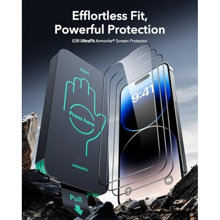 ESR Armorite Displayschutzfolie für iPhone 14 Pro, gehärtetes Glas, 3er Set, militärischer Schutz, blasen- und staubfrei, inkl. UltraFit Montagehilfe – Bild 2