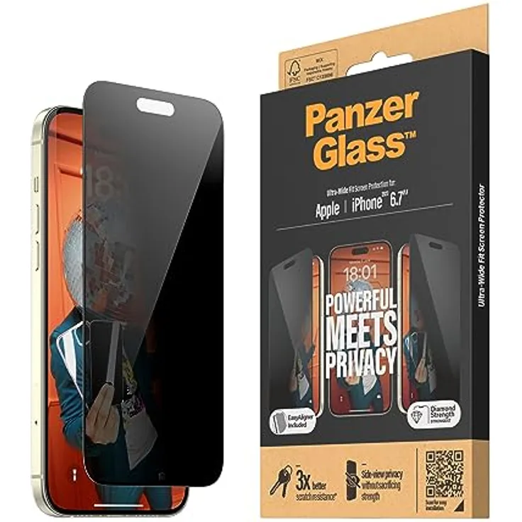 PanzerGlass Displayschutzfolie für Apple iPhone 15 Plus (17 cm / 6,7 Zoll), Sichtschutz, ultraweite Passform, transparent (P2811), kratzfest und stoßfest, 2 Jahre