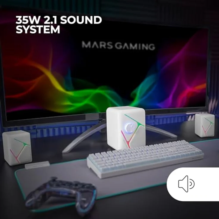 Mars Gaming MS-H21, RGB 2.1 Gaming-Lautsprecher mit 35W Subwoofer, 3D Surround Treiber-System, USB-Stromversorgung und 3,5mm Klinke, Weiß – Bild 2