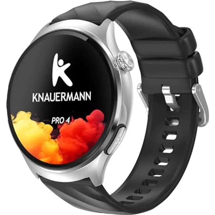 Knauermann PRO 4 EKG-Gesundheitsuhr mit Telefonfunktion – Smartwatch in Silber – Puls, Blutdruck, Blutsauerstoff, HRV, Schlafanalyse, Silikonarmband