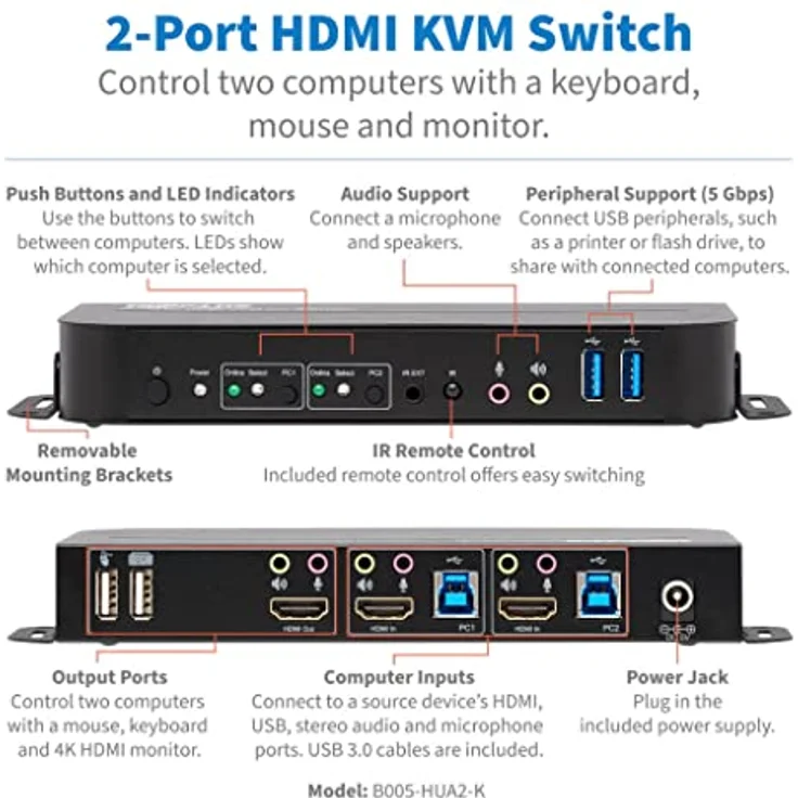 Tripp Lite B005-HUA2-K HDMI/USB KVM-Switch mit 2 Anschlüssen - 4K 60 Hz, HDR, HDCP 2.2, IR, DP 1.4, USB-Freigabe, USB 3.0-Kabel – Bild 4