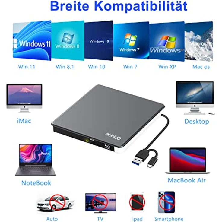 BUNUD Externes CD DVD Laufwerk USB 3.0 Type-C mit USB & SD/TF, Optical CD-ROM Brenner für Laptop Windows 11 10 Mac MacBook Air Pro Apple iMac PC – Bild 5