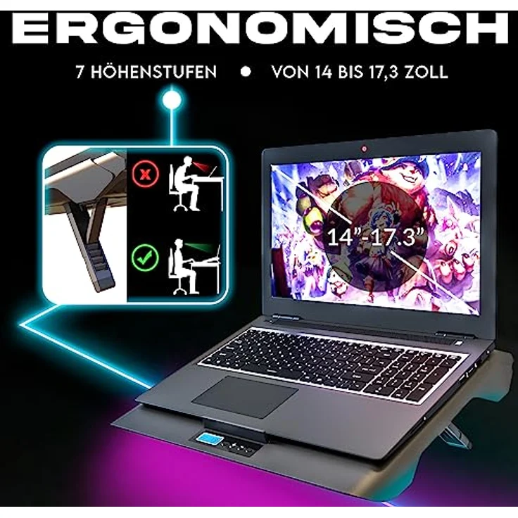 KLIM Everest Laptop Cooling Pad | Leistungsstarker Turbo-Lüfter 4300 RPM Laptop-Kühler | Versiegelter Schaumstoff für maximale Leistung | 14-17.3 Zoll, Schwarz – Bild 4