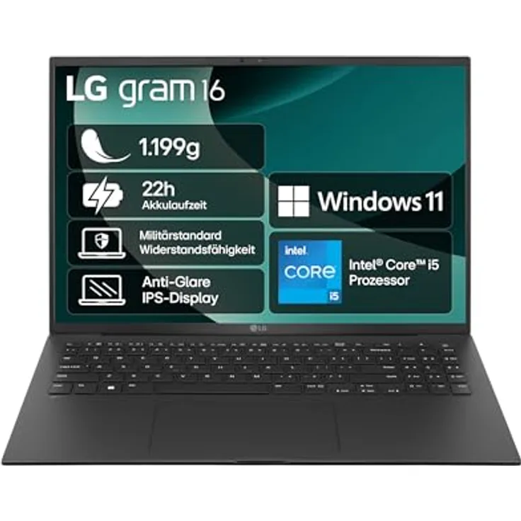 LG Gram 16ZB90RU-G.AP55G, 16 Zoll Notebook mit Intel i5, 16GB DDR4, 512GB Dual SSD, 2560 x 1600 IPS-Display, Dolby Atmos, 24 Monate Garantie