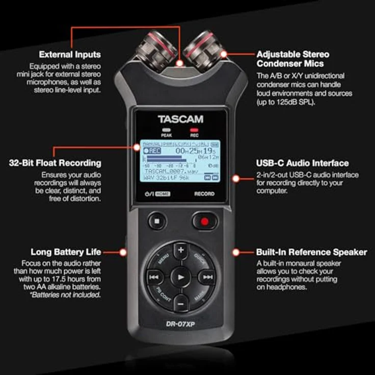 Tascam DR-07XP, Portabler 2 Kanal Recorder mit 32-Bit-Float-Auflösung, USB Audio Interface und 512GB microSDXC Unterstützung – Bild 3