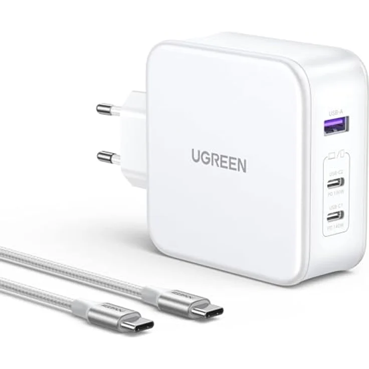 UGREEN Nexode USB-A+2*USB-C 140W GaN Tech. & USB-C Kabel 2m, weiß – Bild 1