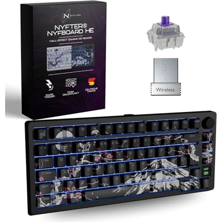 Nyfter Nyfboard HE Wireless 75% Gaming Keyboard, Hall-Effect Gateron KS-37C Switches, DE ISO QWERTZ, Hot-Swap, RGB, Schwarz, 2.4GHz/Bluetooth, PBT Keycaps, Media Knob, LED Display