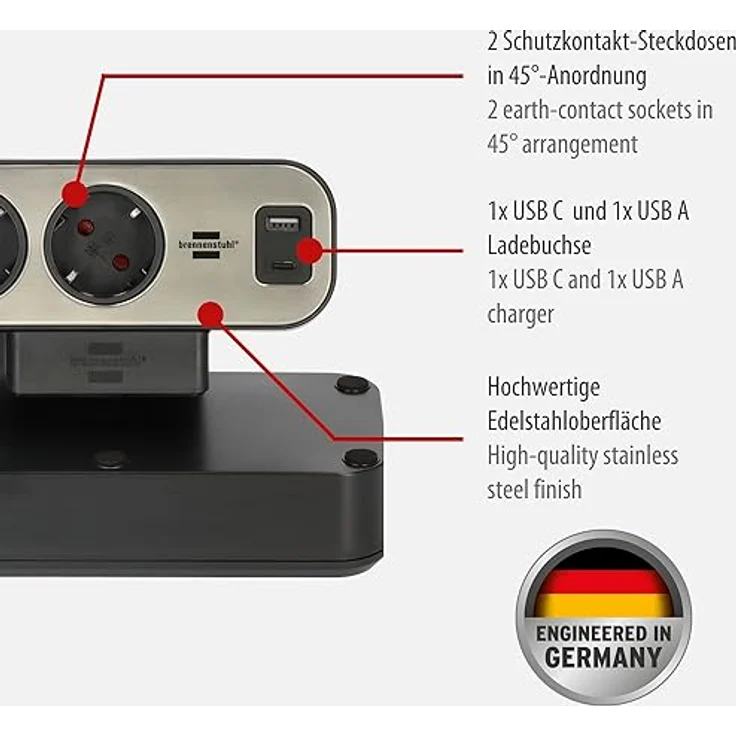 brennenstuhl®Estilo Duplex Tischsteckdosenleiste mit Schalter (USB C Power Delivery, 1x USB C, 1x USB A, 10x Schutzkontakt-Steckdosen, 2m) Silber/schwarz – Bild 2