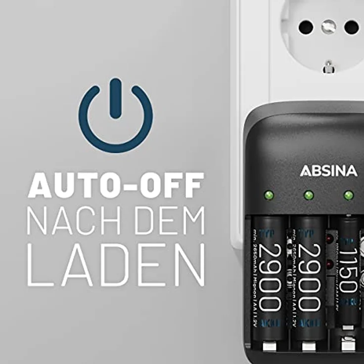 ABSINA Akku Ladegerät X4 für AA, AAA & 9V - Akkuladegerät 4-Fach zum Laden von wiederaufladbaren Akkus - NiMH Ladegerät Akku für Micro AAA, Mignon AA & 9V Block Akkus - Batterieladegerät – Bild 6