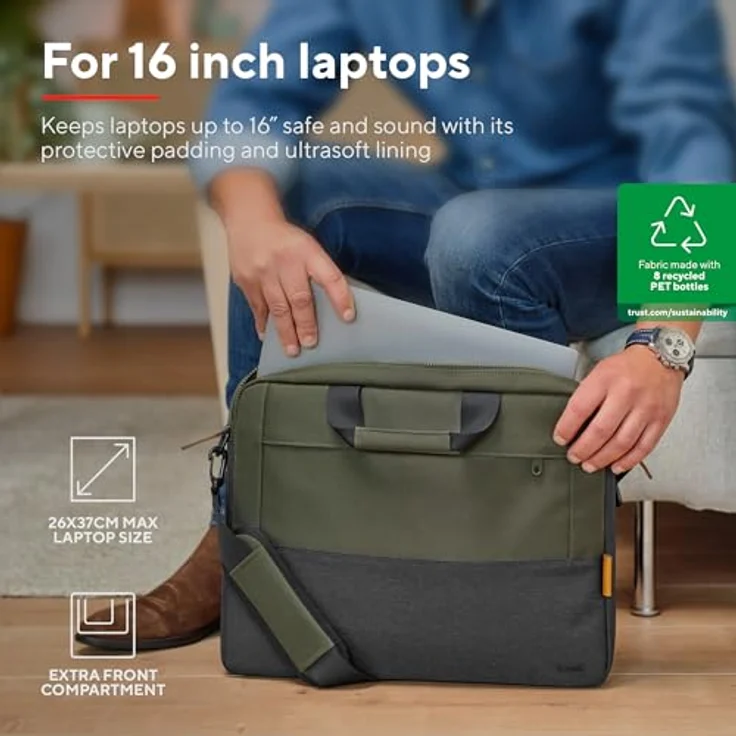 Trust Lisboa Laptoptasche 16 Zoll, Umhängetasche Herren Damen mit Trolley-Gurt, Tasche aus Recycelten PET-Flaschen, Arbeitstasche für Reisen Business MacBook Notebook HP Dell Asus Lenovo - Grün – Bild 2
