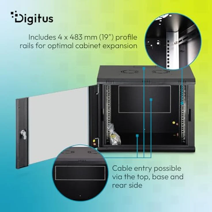 DIGITUS Netzwerkschrank 19-Zoll Rack 9HE, unmontiert, 450 mm tief, Wandmontage, 60 kg Traglast, schwarze Glastür, Dynamic-N Serie – Bild 5