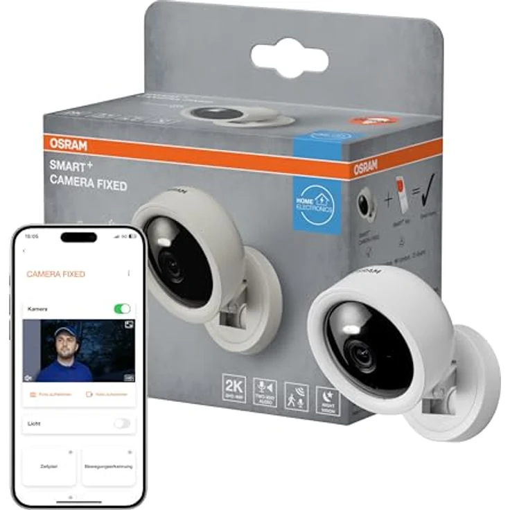 Osram SMART+ WIFI CAMERA FIXED, Netzwerkkamera mit 2560 x 1440 Pixeln, App-Fernzugriff, kompatibel mit Amazon Alexa, Weiss – Bild 1
