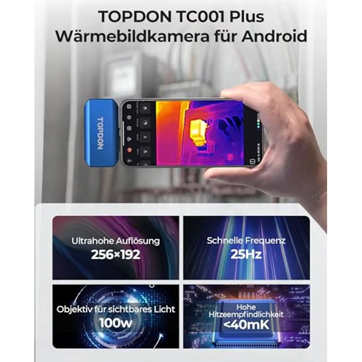 TOPDON TC001 Plus Wärmebildkamera, 512 x 384 IR Auflösung, -20 bis 550 °C, Dual-Objektiv Thermokamera für Elektrik und HVAC-Inspektionen, mit USB-Verlängerungskabel und EVA-Tasche – Bild 5