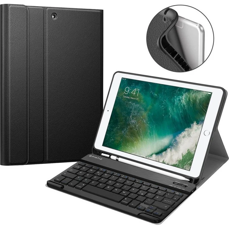 Fintie Tablet-Hülle für iPad 9.7 2018 (6. Gen) mit magnetisch QWERTZ Bluetooth Tastatur, Soft TPU Rückseite Gehäuse Keyboard Case mit eingebautem Pencil Halter, Schwarz – Bild 1