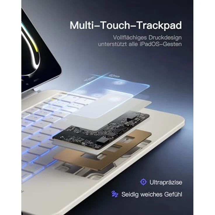 Inateck NeoMagic Magnetische Tastatur für iPad 11" M4/M3/M2, Air 5/4, Pro 11, mit großem Trackpad, LED-Anzeige, 7-farbig hinterleuchtet, QWERTZ, inklusive Stifthalter – Bild 7