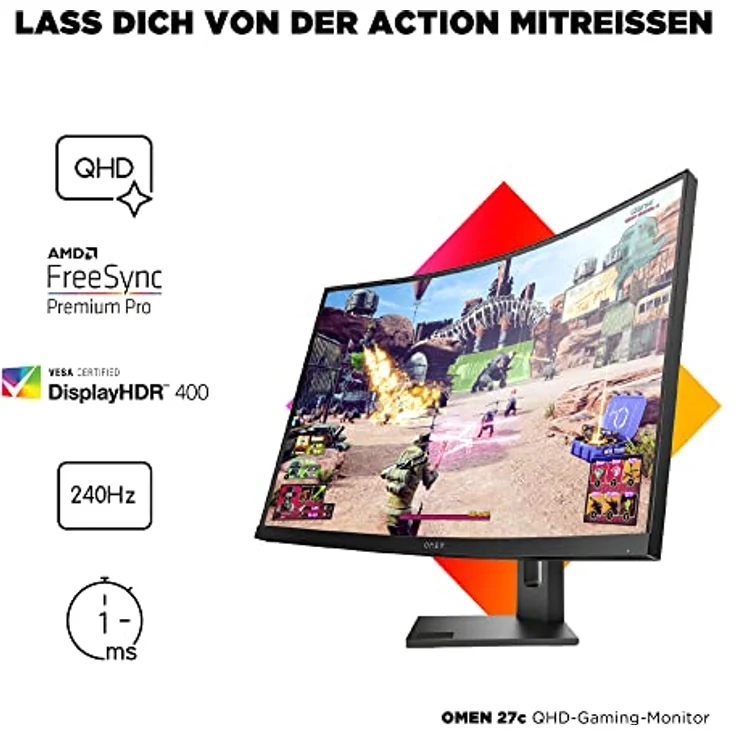OMEN 27c Gaming Monitor - 27 Zoll Bildschirm, QHD Display, 240Hz, AMD FreeSync Premium Pro, 1 ms Reaktionszeit, HDMI 2.0, Display Port 1.4, 1x USB-C, 2x USB-A, curved, schwarz – Bild 4