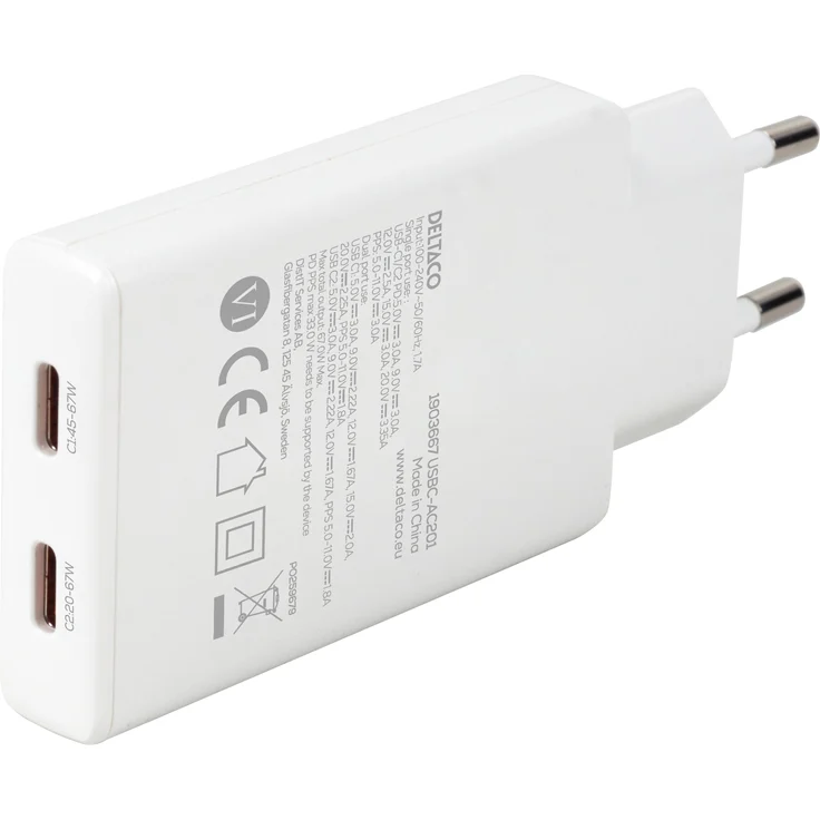 Deltaco USBC-AC201, 67 W USB Ladegerät mit Power Delivery und PPS-Technologie, Weiss