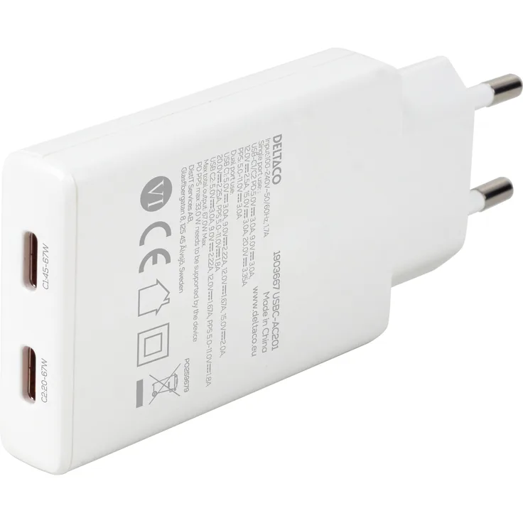 Deltaco USBC-AC201, 67 W USB Ladegerät mit Power Delivery und PPS-Technologie, Weiss