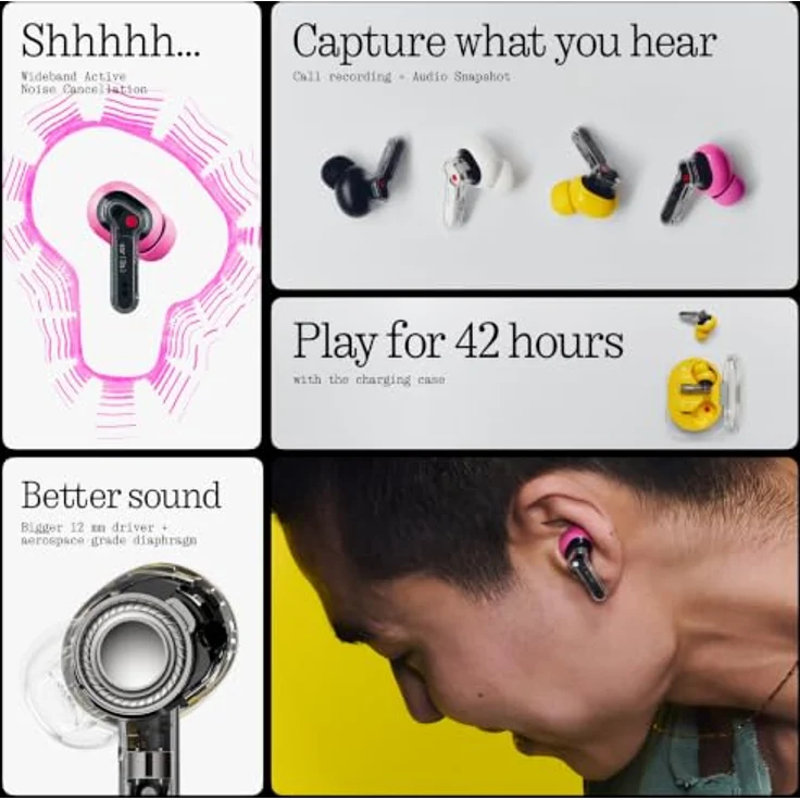 Nothing Ear (3a) Klangausgleichende Ohrhörer mit 45 dB Hybrid ANC, hochauflösendem Audio, 12 mm dynamischer Bassverstärkung und 6 Mikrofonen für klare Anrufe, Transparent – Bild 2