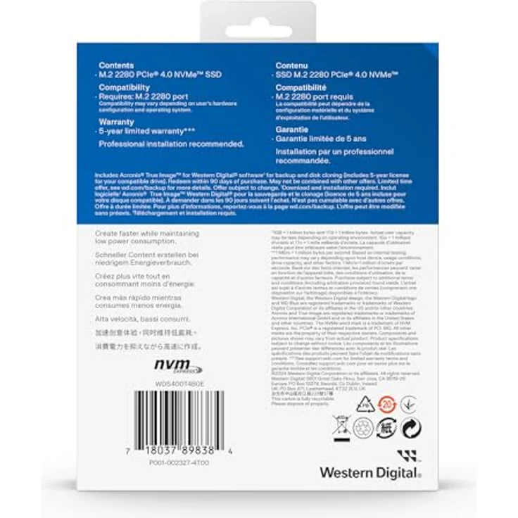 Western Digital WD Blue SN5000 NVMe SSD 4 TB interne SSD (Lesegeschwindigkeiten von bis zu 5.500 MB/s, 900 TBW, nCache 4.0, Acronis True Image) – Bild 5