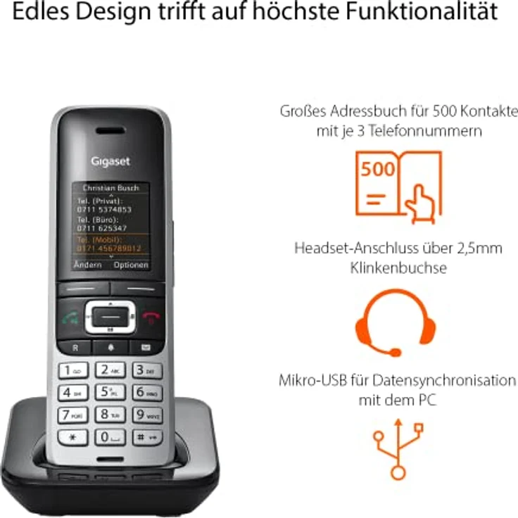Gigaset Premium 100HX, DECT-Mobilteil mit Ladeschale, Schnurloses Telefon, Erweiterung für Router und DECT-Basis – Fritzbox-kompatibel, Datensynchronisation per USB, top Akustik, Platin-schwarz (S30852-H2669-B111) – Bild 3