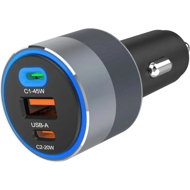 Forcell F-ENERGY Alu Autoladegerät 2 x Typ C + USB A PD QC4.0 SFC2.0 4,5A 65W grau, Super Fast Charging 2.0, LED-Hintergrundbeleuchtung