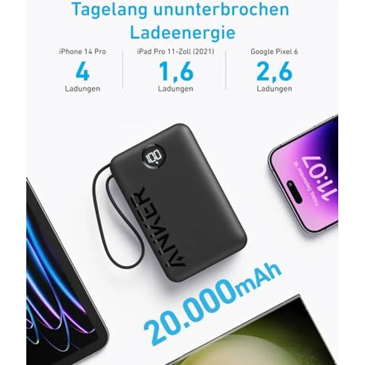 Anker Powerbank, 22.5W Leistung, Externer Akku mit integriertem USB-C Kabel, 1x USB-C, 1x USB-A, 20.000mAh Powerbank, Für iPhone 15/14 Serie, MacBook, Galaxy, iPad, AirPods und mehr(Lila) – Bild 4