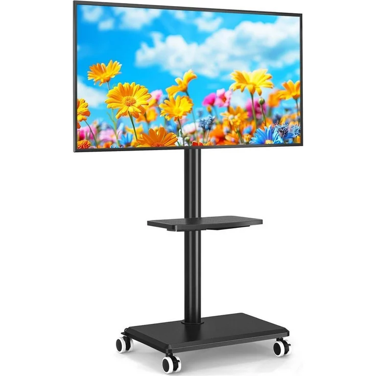 LuxusKollektion Rollbarer TV Ständer, höhenverstellbares Säulenstativ mit Ablagefach und Kabelmanagement, schwarz