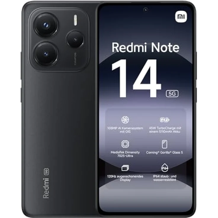 Xiaomi Redmi Note 14 5G Smartphone, 8GB RAM + 256GB Speicher, Black, 108MP AI-Kamerasystem, 5110mAh Akku, 120Hz Augenschutzdisplay – Bild 1