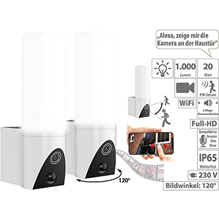 VisorTech Aussenlampe mit Kamera: 2er-Set LED-Außenwandleuchte & WLAN-Full-HD-Kamera, PIR, App, IP65 (Lampe mit Kamera WLAN, LED Lampe mit Kamera, Außenbeleuchtung Bewegungsmelder) – Bild 3
