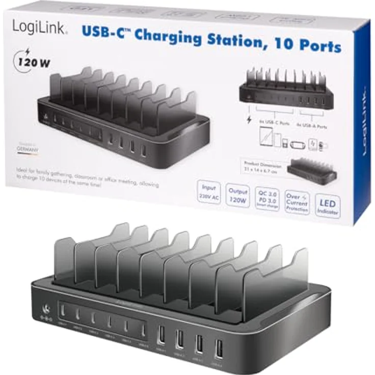 LogiLink USB-C Ladestation (120 W), USB Ladegerät mit 10 Anschlüssen, Schwarz – Bild 9