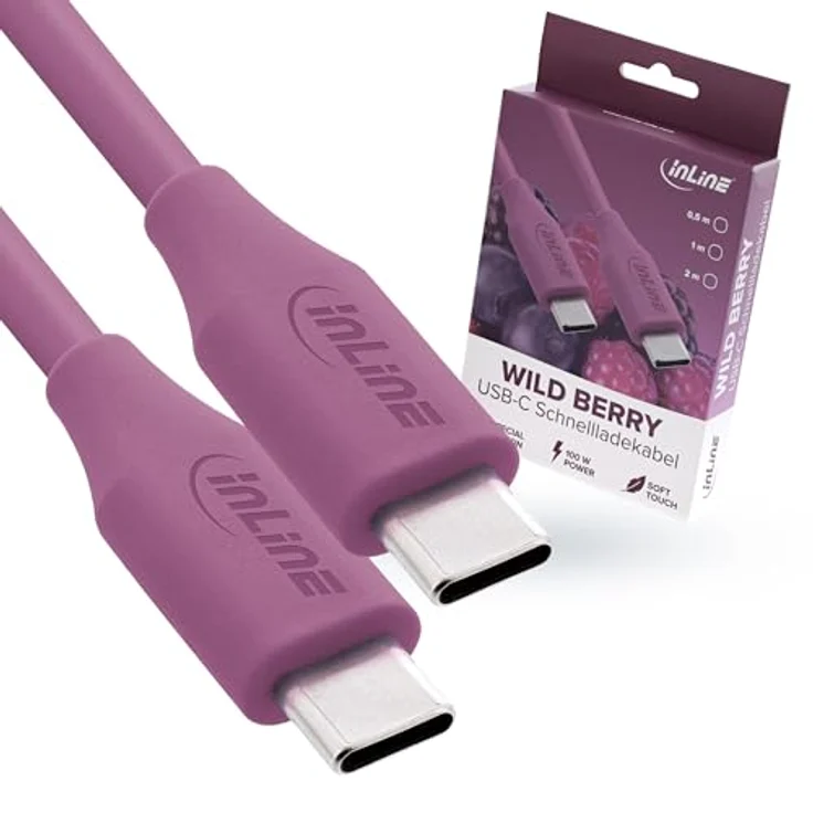 InLine Colour your Charge USB C Kabel 100W, PD Schnellladekabel, flexible Silikonummantelung, für iPhone, iPad, Galaxy S23, Pixel Tablets, 0,5m, Wild Berry (lila) – Bild 1
