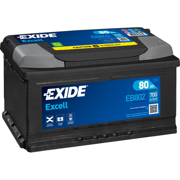 Exide EB802 Excell 12V 80Ah 700A Autobatterie, wartungsfrei mit 3DX Gitternetztechnologie