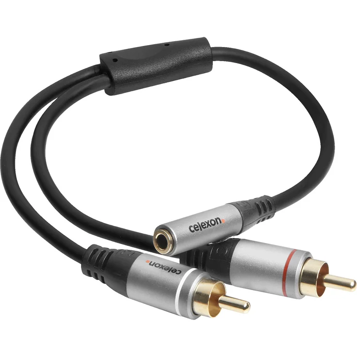 celexon 2x Cinch auf 3,5mm Stereo Klinke M/F Audioadapter, 0,25m, schwarz, 3-fach geschirmt, vergoldete Kontakte, Professional Line