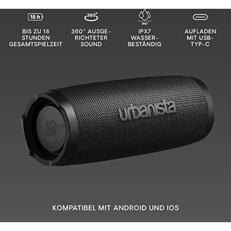 Urbanista Nashville Kabelloser Lautsprecher Bluetooth 5.2 Dual Pairing, Tragbarer Lautsprecher IPX7 Wasserdicht, 18H Spielzeit, Tastensteuerung, Lauter Stereo Sound, Outdoor Lautsprecher, Schwarz – Bild 4