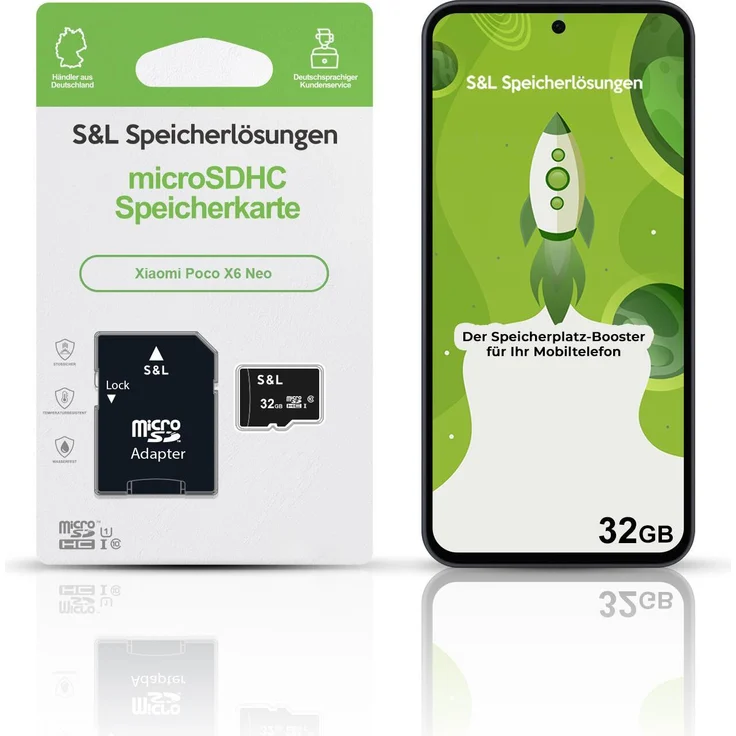 S&L microSD Speicherkarte 32 GB für Xiaomi Poco X6 Neo, Class 10 U1, stoßsicher und wasserdicht