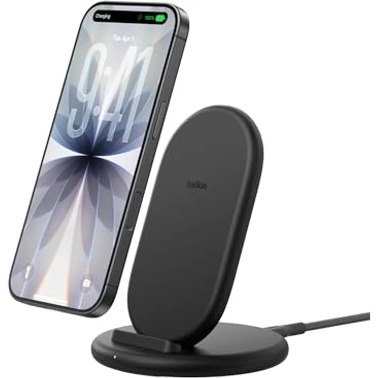 Belkin BoostCharge Induktive Ladestation, Kabelloses Ladegerät mit 20-W-PD-USB-C-Netzteil, geeignet für Handyhüllen, Schwarz