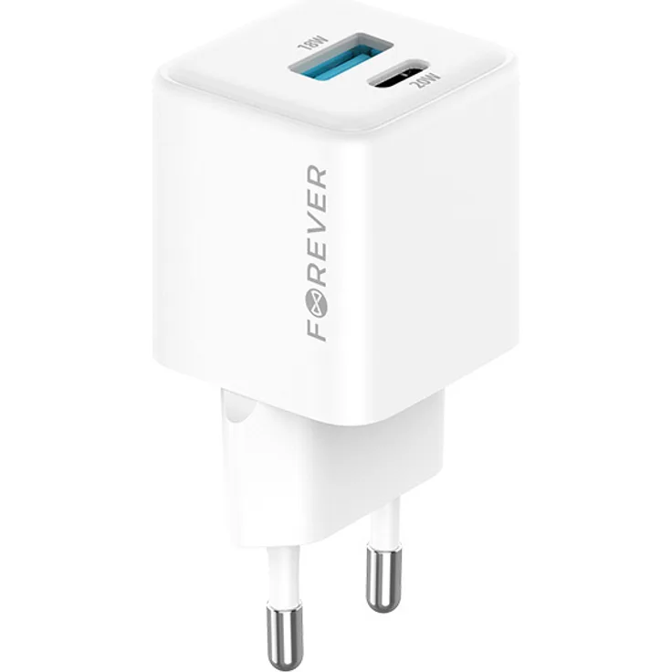 Forever GaN TC-08-20AC, 20W Handy-Ladegerät mit 1x USB-C und 1x USB-A, Weiß, PD und QC Unterstützung