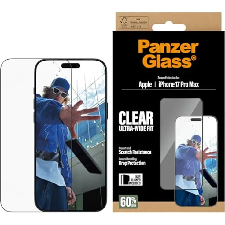 PanzerGlass Ultra Wide Fit, Smartphone Schutzfolie für Apple iPhone 17 Pro Max, transparent, hochgradiger Displayschutz