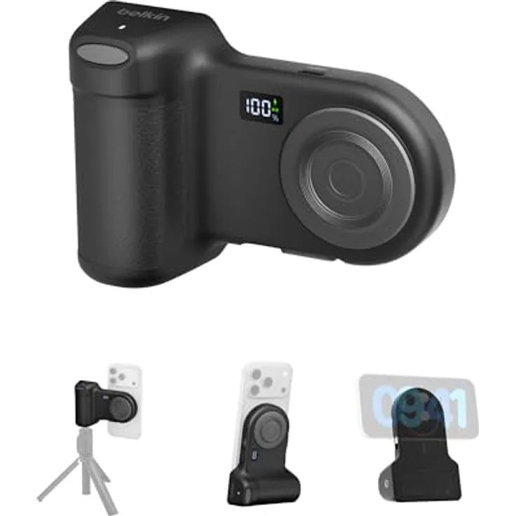 Belkin Stage PowerGrip, Magnetischer Kameragriff mit 9300mAh Powerbank, Einziehbarem USB-C-Kabel und Bluetooth, Stativhalter mit LCD-Display für iPhone und Pixel