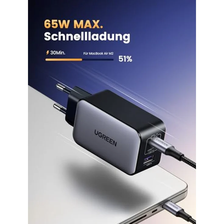 UGREEN USB-A+2xUSB-C 65W GaN Tech Fast Wall Charger EU Black – Bild 3