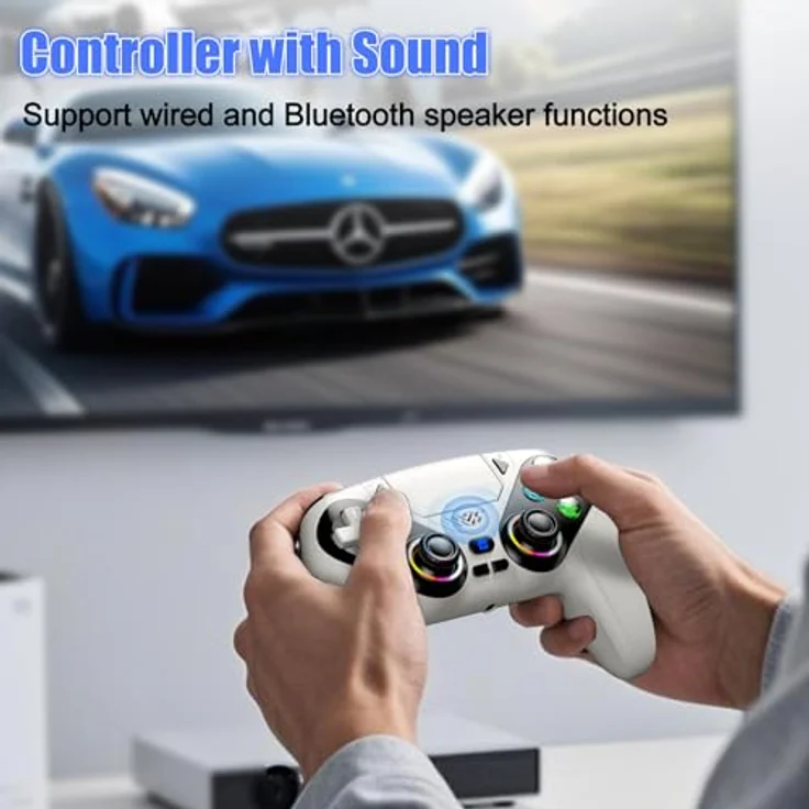 Gamrombo RGB Wireless Controller für PS5/PC/iOS/Android, Bluetooth Gamepad mit Back Paddles, Turbo-Funktion, 6-Achsen Sensor, Dual Vibration, integrierte Lautsprecher - Weiß – Bild 5