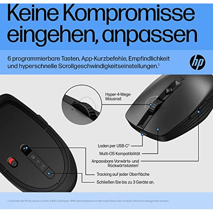 HP 710 Maus | wiederaufladbar via USB-C | 6 Tasten | 3.000 dpi | geräuschlos | bis zu 90 Tage Akkulaufzeit | 2,4-GHz-Dongle oder Bluetooth | 84 g | Schwarz - Preisvergleich – Bild 5