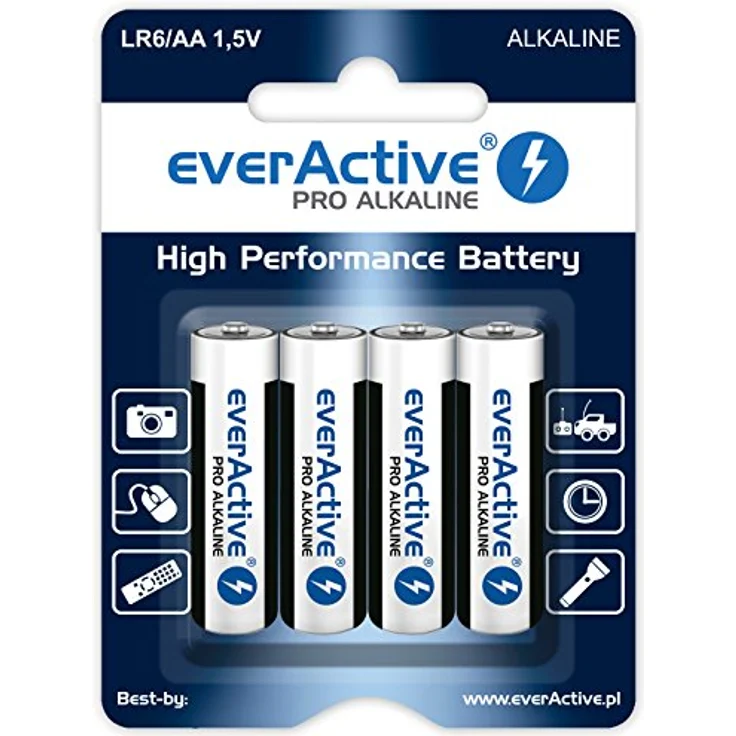 EverActive AA Batteries Pack of 4 Pro Alkaline Mignon LR6 R6 1.5V Highest Performance 10 Year Shelf Life - 4 Pack - 1 Blister Card, schwarz- weiss – Bild 2