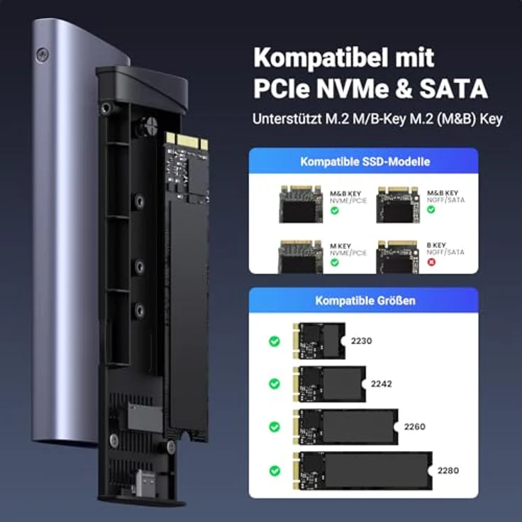 UGREEN M2 SSD Gehäuse für NVME/SATA, USB 3.2 Gen 2 10Gbps, kompatibel mit M-Key und B&M-Key, Aluminiumlegierung, für SSDs bis 4 TB – Bild 3